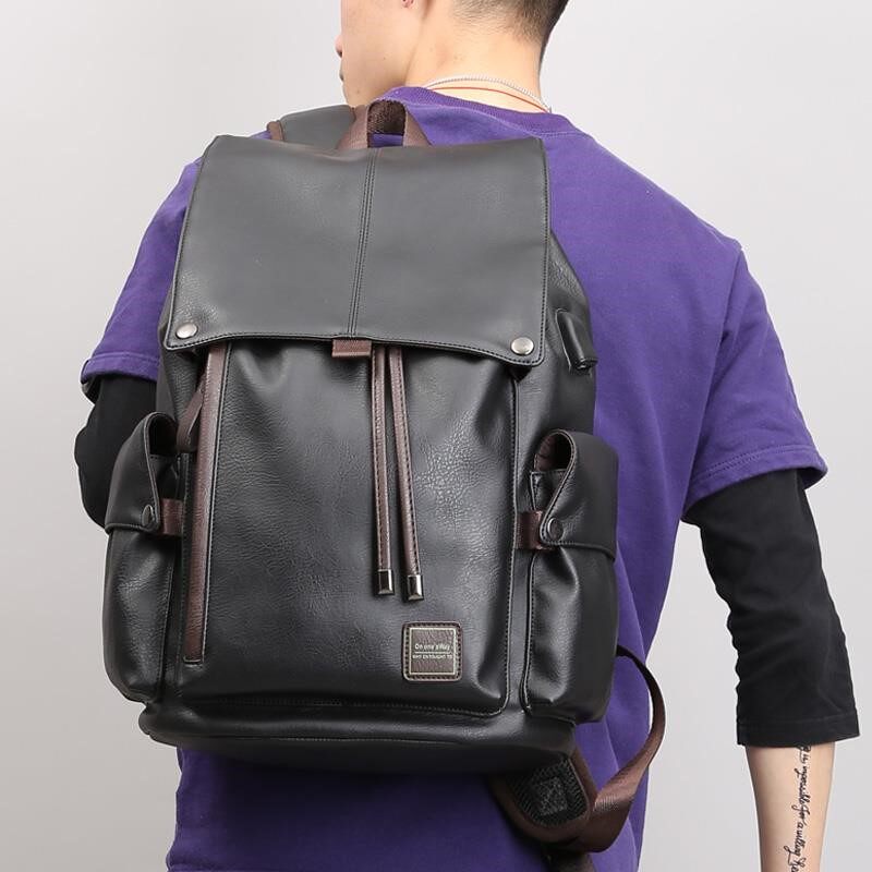 Men's leather backpack simple cowhide backpack male leather college student school bag college style fashion Korean trend