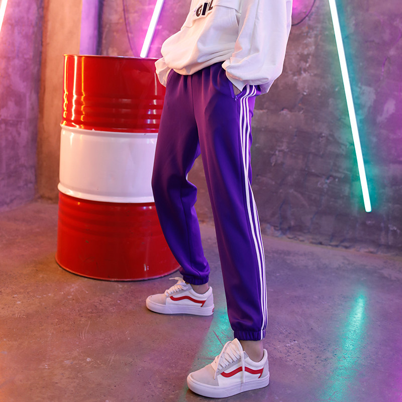 ins sports casual pants female Korean version straight cylinder 100 hitch loose side stripe expats slim hip-hop footrest pants spring tide