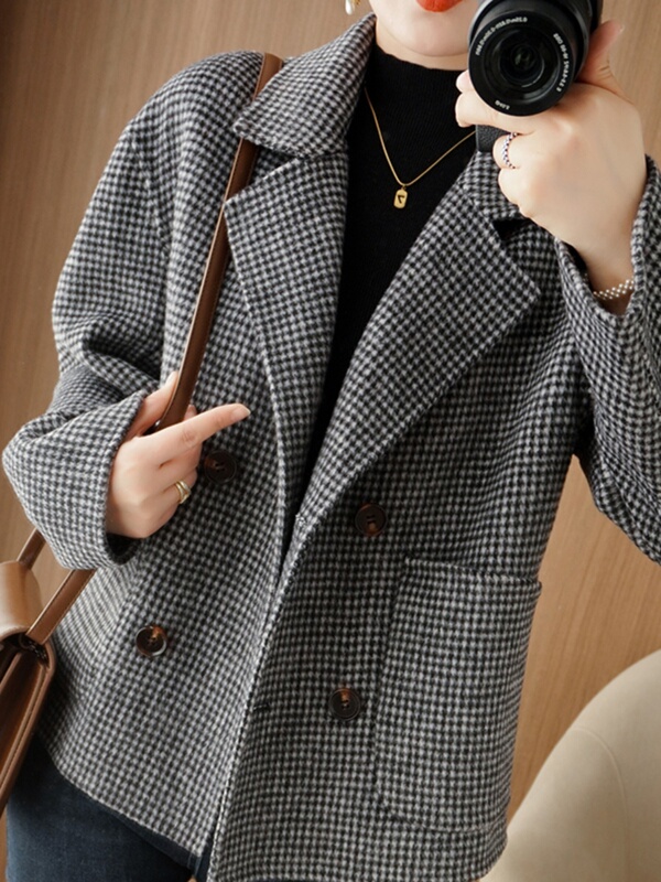 Double-Sided Cashmere Coat for Women, New High-End Houndstooth Wool Double-Sided Woolen Coat, Short Style for Petite Women