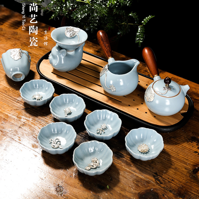 Ru kiln tea set set inlaid silver tea set silver fish cup open piece Ru porcelain kung fu side handle pot office ceramic teacup