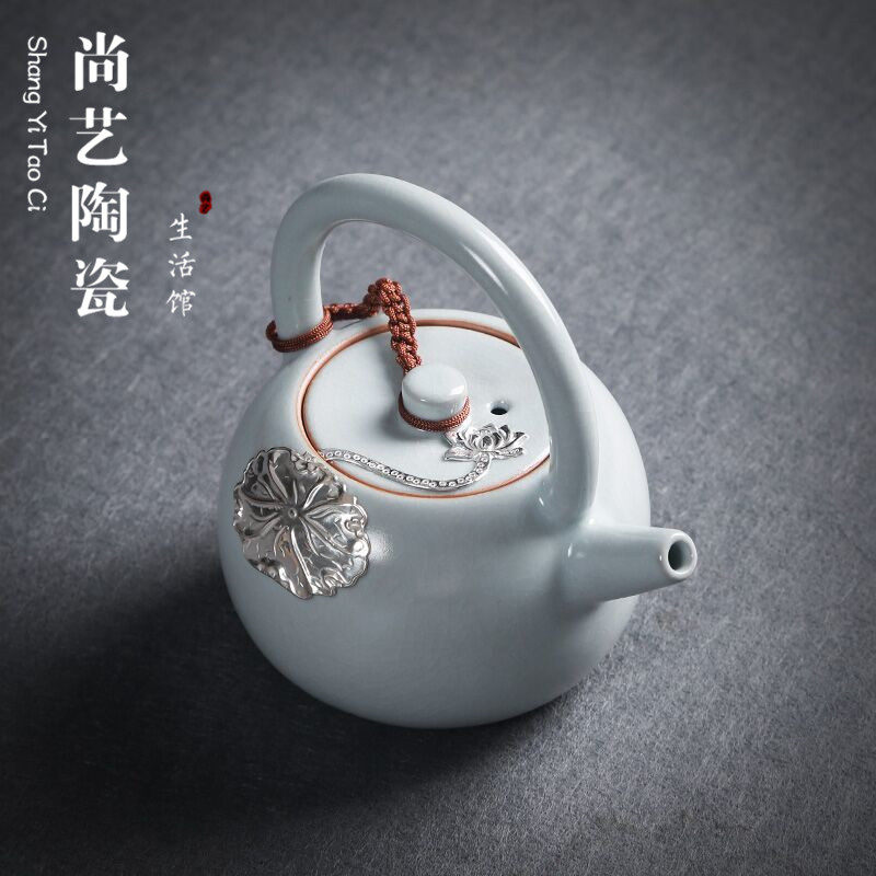 Ru kiln inlaid silver ceramic teapot open sheet Raised Beam Pot side to make pot Kung fu tea furniture with large number of tea making pot