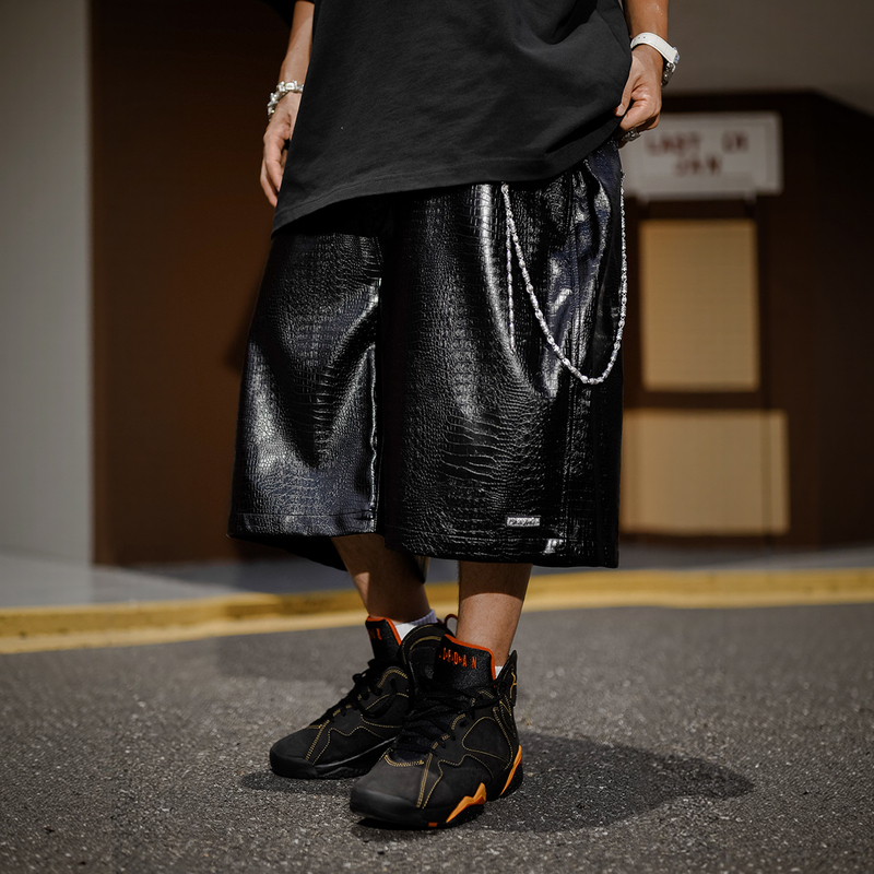 Blacul Crocodile Pattern Pu Leather Cropped Pants Men's Shorts Casual Over-The-Knee Mid-Length Pants Loose Oversized Hip-Hop Street Style Old Money