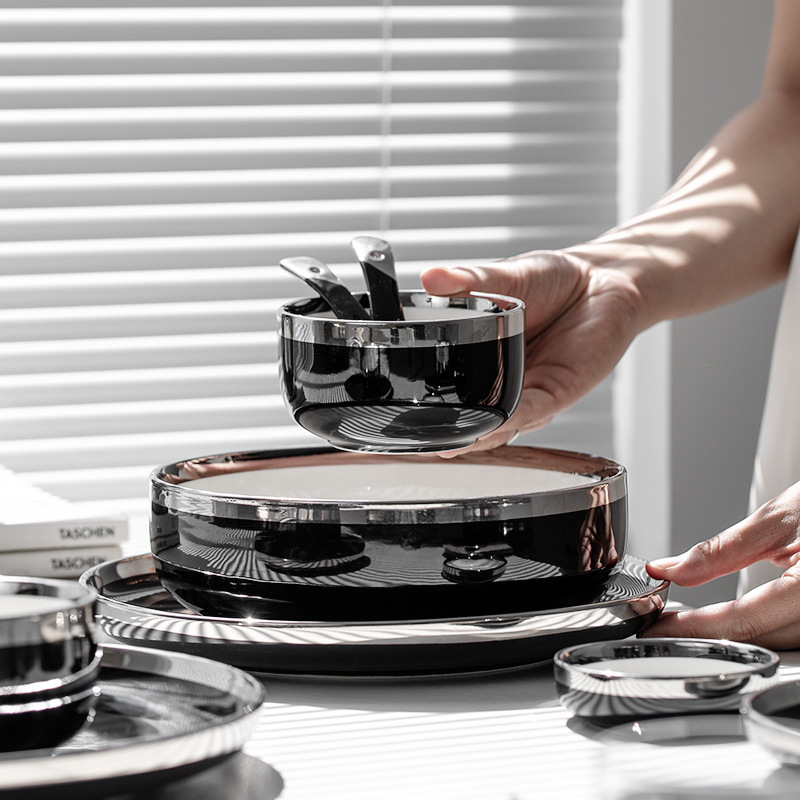 Light Luxury and High-End Feel, Tableware for One or Two People, Couple's Tableware, Silver-Edged Bowls and Chopsticks, Bowl and Plate Set, Rice Bowl, Household Ceramic