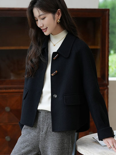 2025 Autumn and Winter New High-End Double-Sided Wool Coat with Horn Buttons for Women, Short, Loose, Fashionable Woolen Jacket for Women