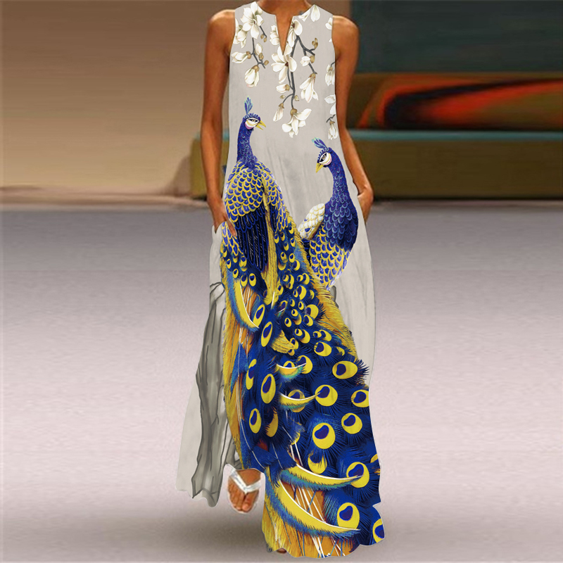 Sleeveless Dress with Peacock Pattern 3D Printed Long Dress 2025 New Chinese Style Stage Photo Shoot Catwalk Performance Clothing