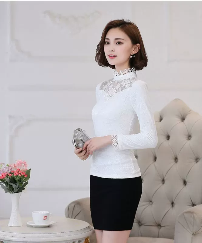 Quần áo ấm phụ nữ dày cộng với áo nhung đáy áo thun dài tay áo sơ mi nữ mùa đông áo sơ mi nhỏ sơ mi ren mới áo phông dài tay
