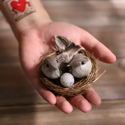 Nordic pastoral simulation cute couple bird ornaments home guest Animal bird's nest decoration fake bird's nest sparrows decoration