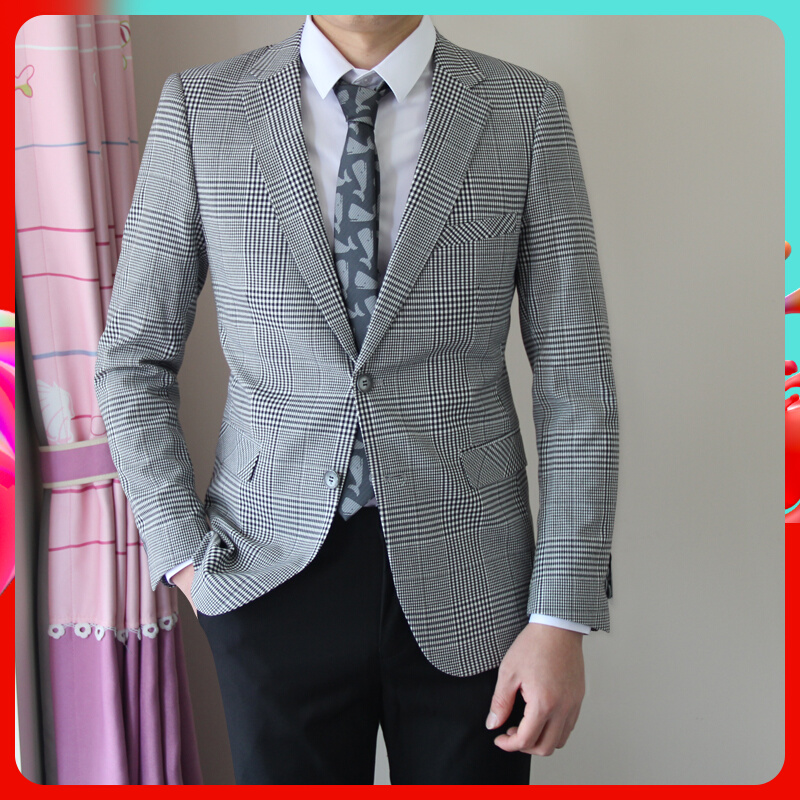 Casual Suit Jacket Male thin section Youth Business Spring Autumn Season Inn Body Grey Plaid Men Light Lavish Suits