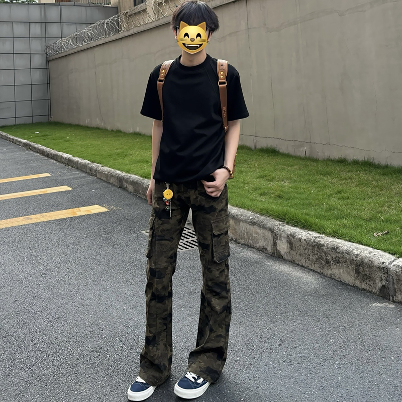 American Hip-Hop Retro Washed Camouflage Multi-Pocket Slim-Fit Cargo Pants Hip-Hop Straight-Leg Slimming Flared Pants for Men