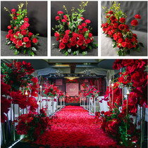 New wedding row flower props catwalk red silk flower row decoration big red road leading flower wedding scene layout
