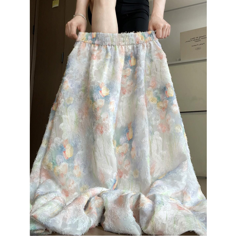 女性用花柄レースつぼみスカート、新しい夏のスタイル、ニッチなデザイン、Aラインの傘スカート、フランスのモネガーデンスカート