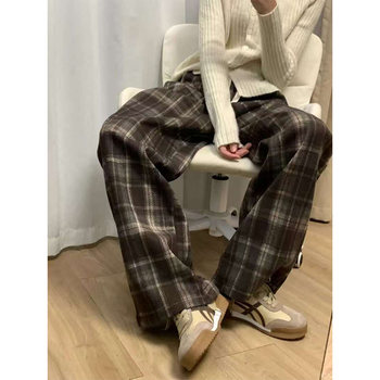 Brown Plaid Pants for Women, Autumn and Winter, High-Waisted, Drapey, Retro, Fleece-Lined, Thickened, Casual Pants, Color-Blocked, Lazy Wide-Leg Pants