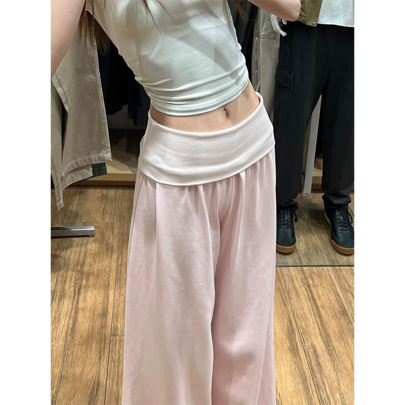 粉色健身运动裤女夏薄款2026新款垂感瑜伽裤小个子宽松直筒阔腿裤