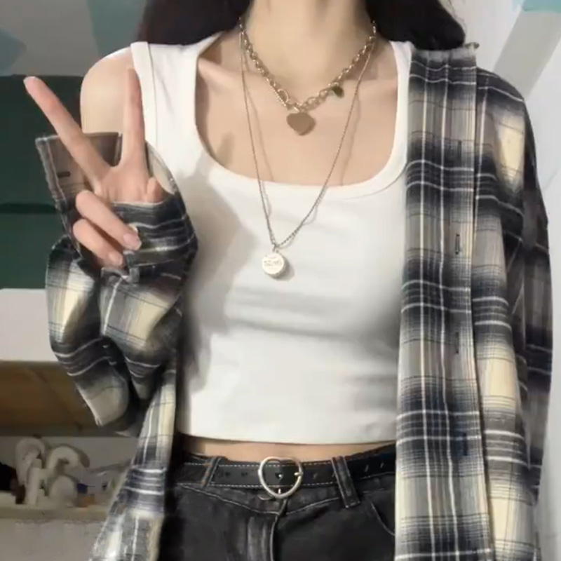 女性用スクエアカラーキャミソール、夏用ホワイトホットガールワイドショルダー純綿アンチ露出アウターウェアボトミングショートトップ