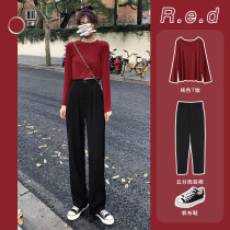 Wide-legged pants womens spring and autumn high waist slim Joker vertical straight tube loose mopping casual pants small suit pants
