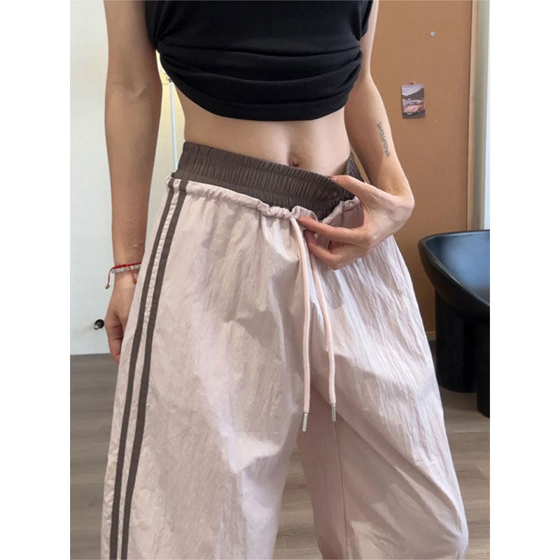 粉色速干工装裤女夏季高腰设计感宽松直筒休闲酷飒风条纹运动裤子