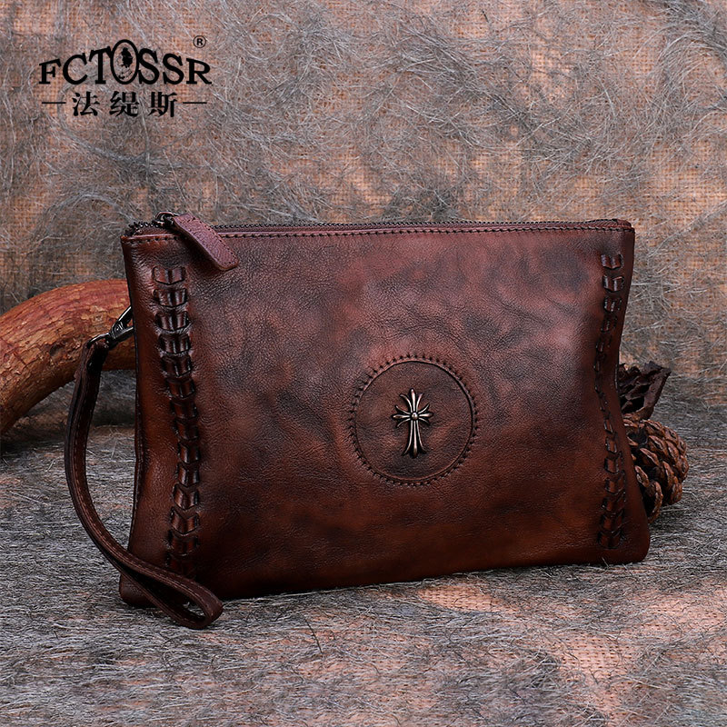 Fatis Genuine Leather Unisex Clutch Bag, Vintage Distressed Large-Capacity Hand-Held Envelope Bag, Cowhide Clutch Bag