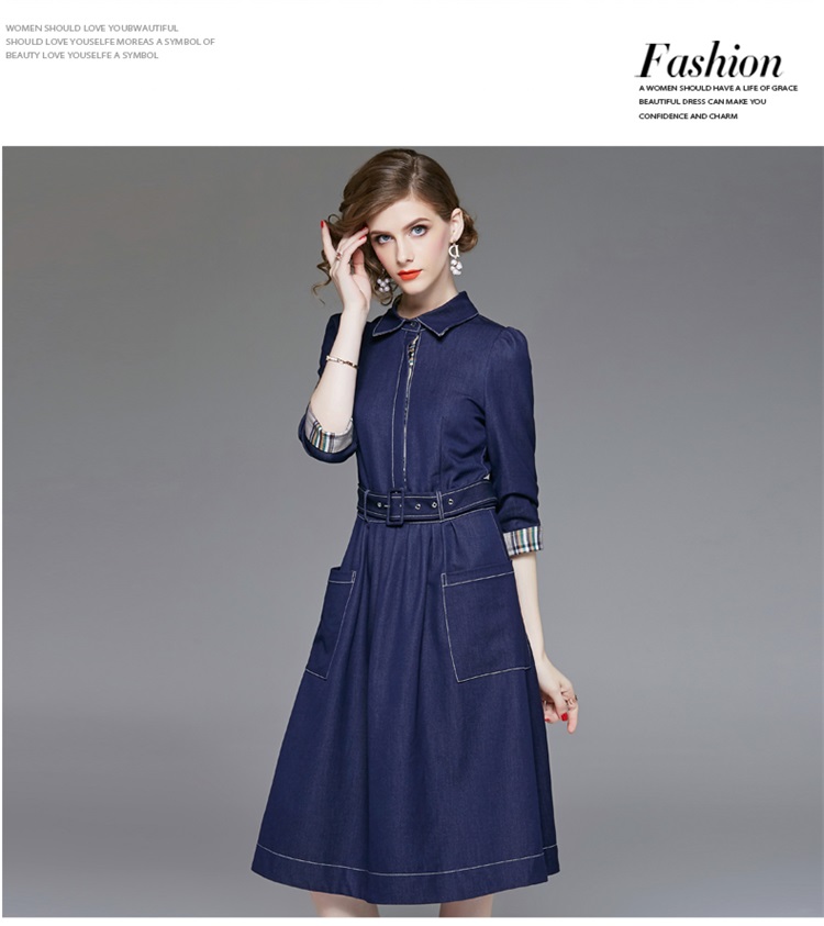 Xuân 2019 mới của phụ nữ thanh lịch OL ve áo denim khâu eo thon Một chiếc váy dài từ - A-Line Váy đầm ngắn xòe