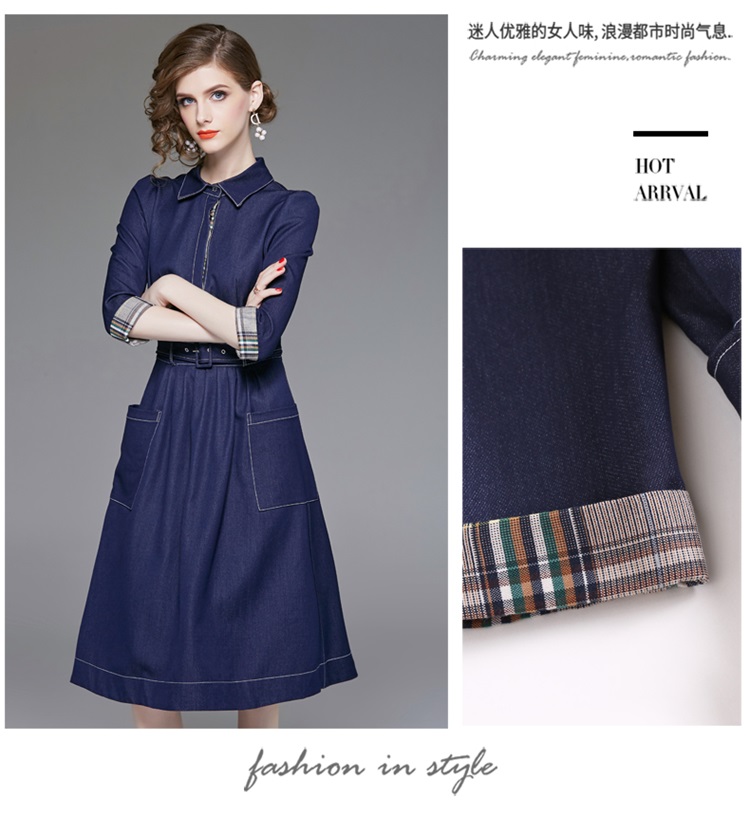 Xuân 2019 mới của phụ nữ thanh lịch OL ve áo denim khâu eo thon Một chiếc váy dài từ - A-Line Váy đầm ngắn xòe