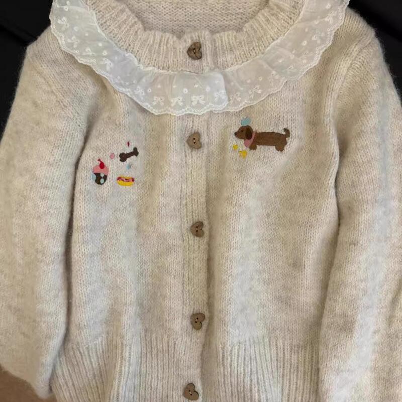 Spliced Lace Cardigan Sweater Jacket for Women, Autumn, Puppy Embroidery, Soft and Sweet, Versatile, Japanese Style Knit Top