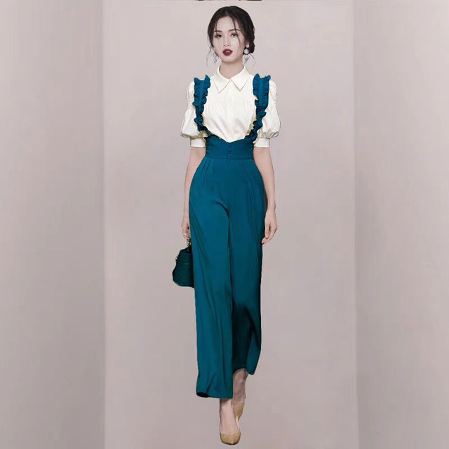 Xiaoxiangfeng suit summer ladies high-end French white puff sleeve shirt high waist thin suspenders wide-leg pants women summer