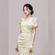 Irregular fishtail skirt dress apricot light cooked French style puff sleeve slim long skirt high-end summer 2022 new style