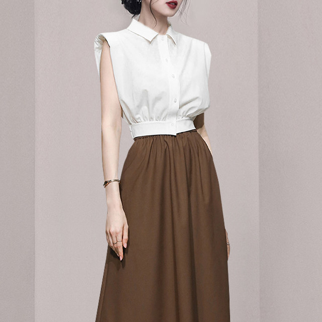 Hong Kong style suit female retro chic white shirt sleeveless top high waist slit big swing skirt royal sister two-piece set