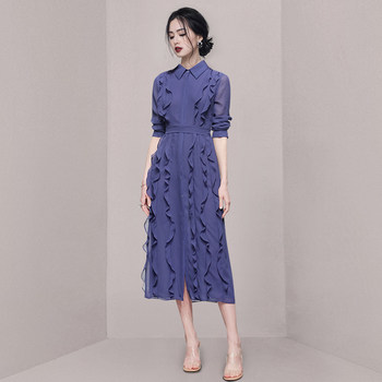Polo skirt shirt niche design chic long skirt spring and autumn waist waist temperament high-end chiffon purple dress