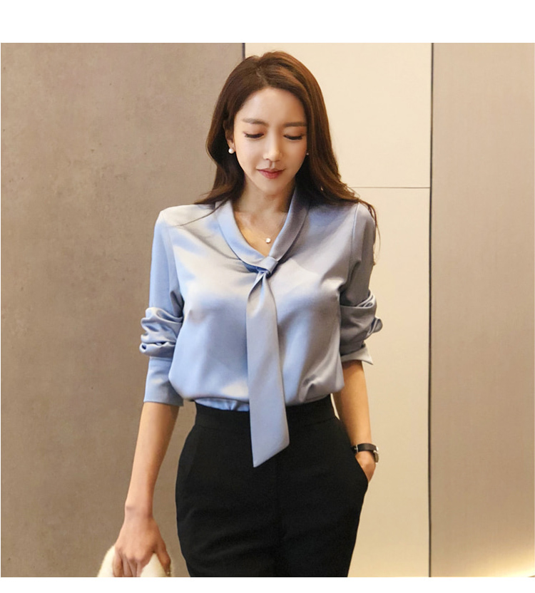 Xuân 2018 mới của phụ nữ Hàn Quốc OL khí chất chuyên nghiệp Áo cổ chữ V có tay áo dài tay hoang dã áo sơ mi nữ hàn quốc cao cấp
