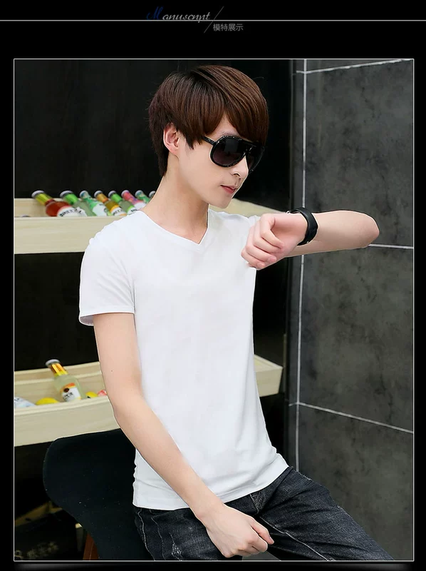 Thanh niên tay ngắn nam T-shirt màu rắn v-cổ Slim chạm đáy áo thể thao quần áo xu hướng nam nửa áo áo thun nam polo