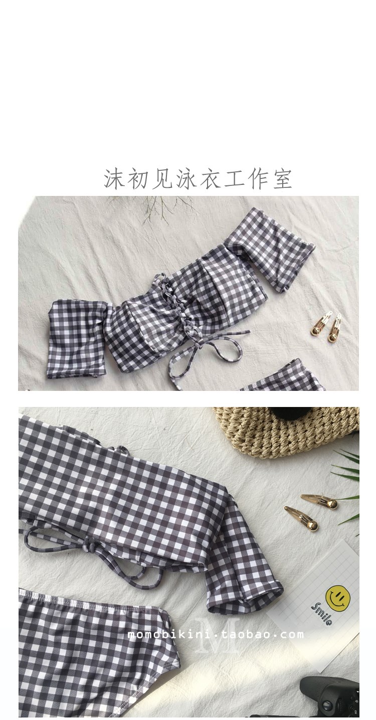 Mo thấy Hàn Quốc kẻ sọc retro điều khiển bikini gợi cảm Áo tắm nữ thời trang khỏa thân vai áo tắm spa 	đồ bơi 2 mảnh cột chéo eo	