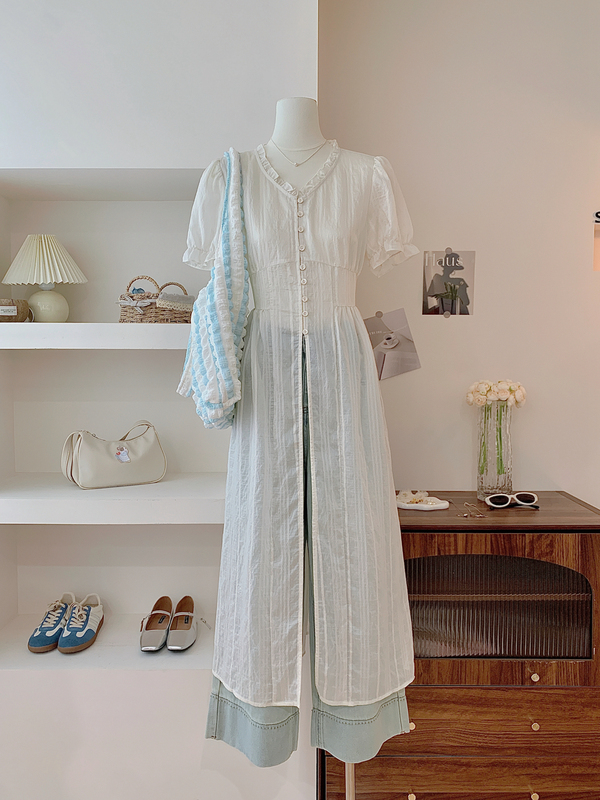 Mila's Girly Lace V-Neck Dress for Women, 2026 Summer Lazy Style Vacation Style Layered Long Dress