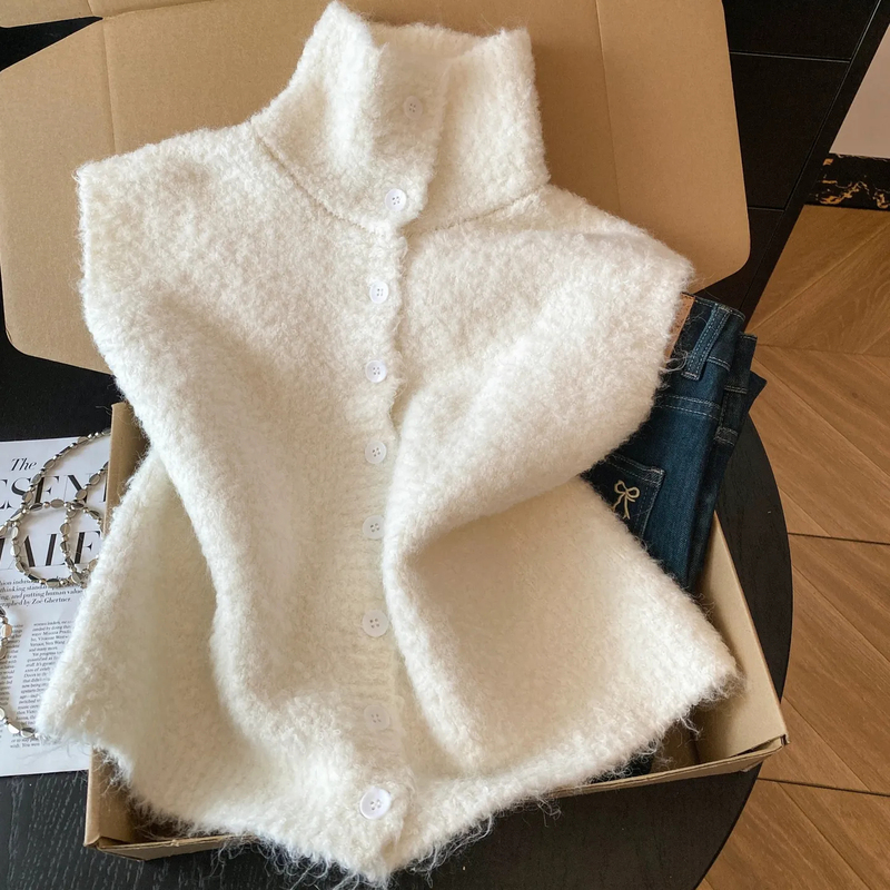 Gentle and Soft Lapel Sleeveless Plush Vest for Women, New Autumn and Winter Versatile White Knitted Layered Vest Jacket