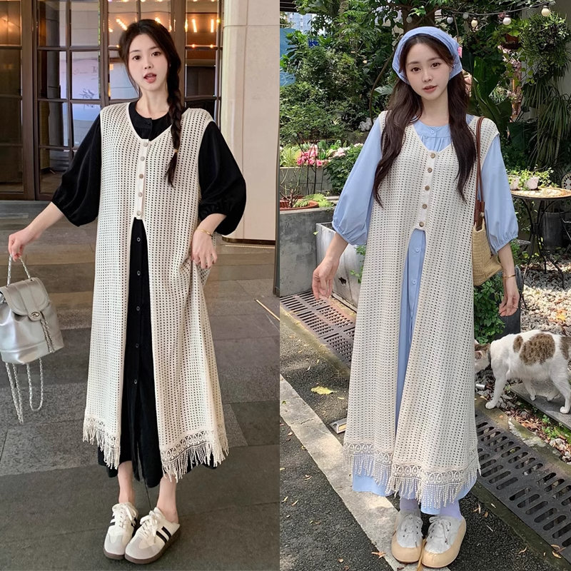 2025 Early Spring New Style Fresh Tassel Dress Plus Size Loose Layered Shawl Hollow-Out Cover-Up Slit Dress for Women