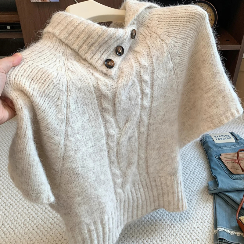 Retro High-Neck Short-Sleeve Knitted Sweater for Women, Autumn and Winter Lazy Style, Slim-Fit Versatile Soft Cape Top Retro High-Neck Short-Sleeve Knitted Sweater for Women, Autumn and Winter Lazy Style, Slim-Fit Versatile Soft Cape Top