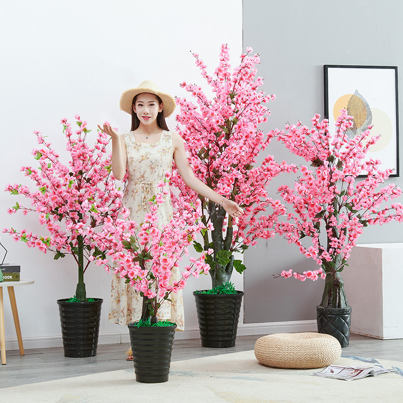 Peach Blossom Tree Simulation Tree Living Room Potted Decoration Green Planting Simulation Flowers Landing Plant Indoor Fake Flower Plastic Big Bonsai