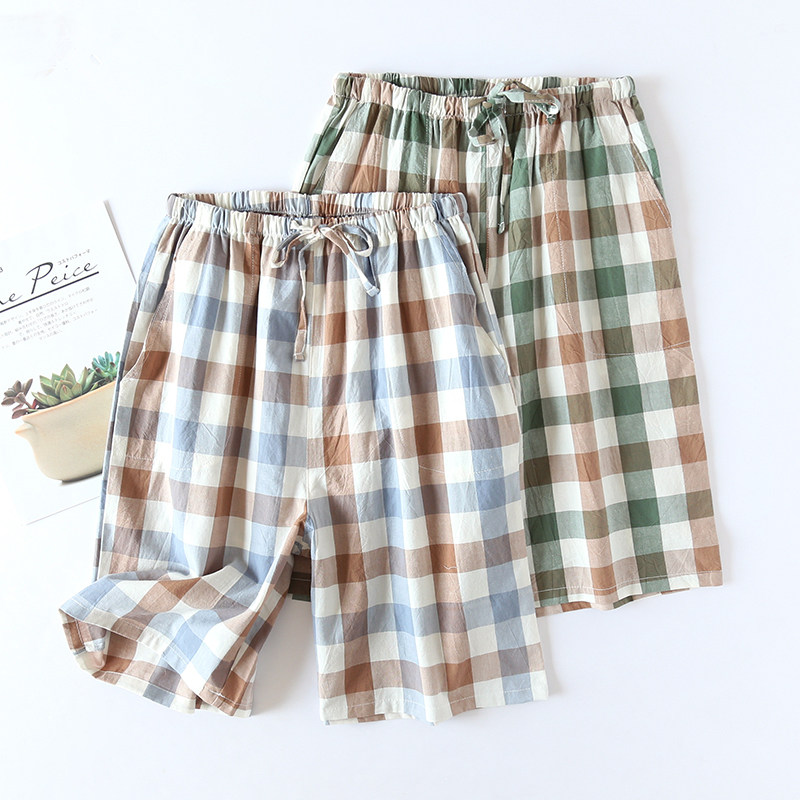 Sleeping Pants Shorts Male summer washed cotton thin section All cotton Japanese series Plaid large size Loose Casual Home 50% Pants