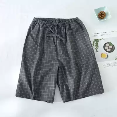 Pure cotton pajamas men's summer men's home shorts thin loose plus size Japanese plaid casual shorts men's sleep