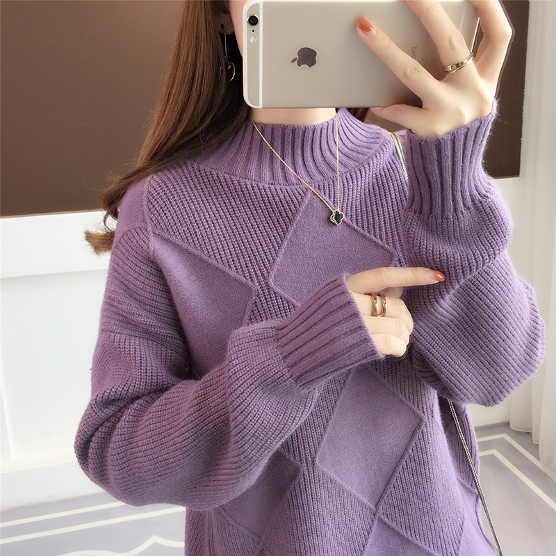 2020 new autumn and winter half-high collar ins super hot sweater women's loose pullover chic solid color bottoming sweater