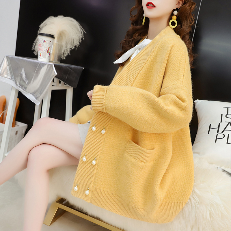Small fresh sweater cardigan women's mid-length version 2021 autumn new Korean version loose and very fairy knitted jacket spring and autumn