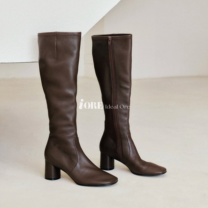 Iore Ideal Mineral Designer Original Simple Elastic Sheepskin Side Zipper Chunky Heel Knee-High Boots Iore Ideal Mineral Designer Original Simple Elastic Sheepskin Side Zipper Chunky Heel Knee-High Boots