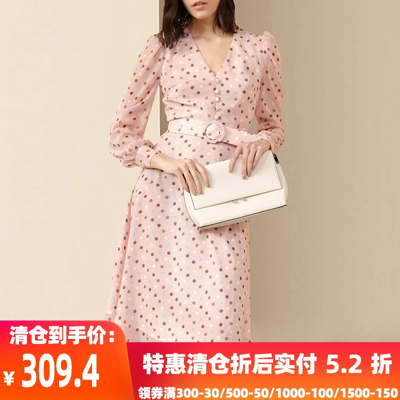 Phụ nữ mùa thu 2021 váy chấm bi cổ chữ V thanh lịch giảm tuổi mới váy dài giữa eo cao eo thon gọn - A-Line Váy