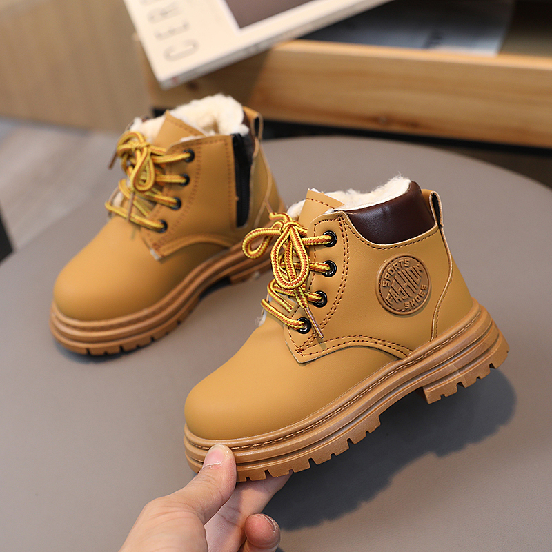Children's Boots, Boys' and Girls' Short Boots, Winter Boots for Girls, Autumn and Winter Fleece-Lined Baby Yellow Boots, British Leather Boots