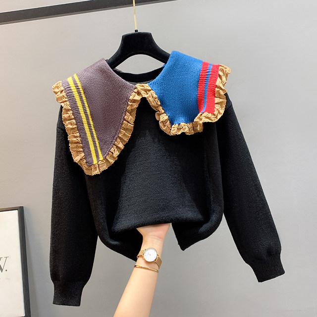 2022 autumn and winter new sweater women's European design sense splicing size doll collar knitted sweater top foreign trend