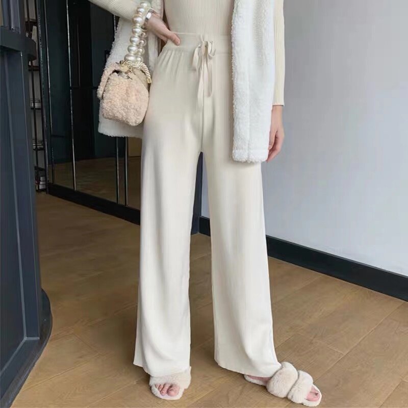 White wide pants women's autumn and winter 2021 new large size fat mm loose straight tube high waist grandma pants knitted pants