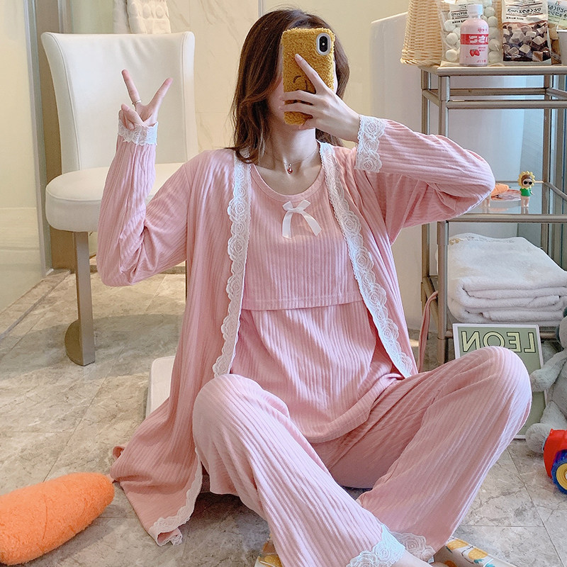 Pregnant woman Three sets of months to serve pure cotton suckling postpartum large size Gats laces and suckling spring and autumn sleeping clothes during pregnancy