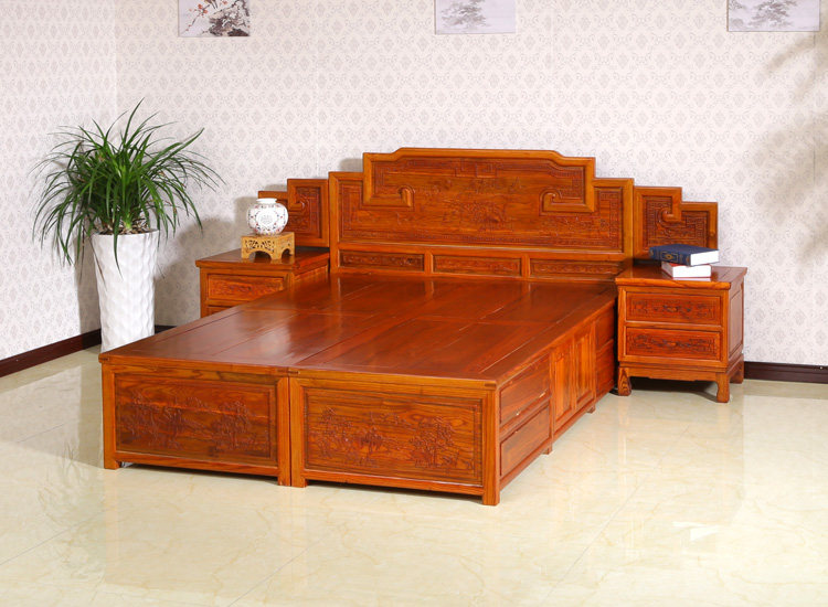 Yellow Flower Pear High and Low Bed Solid Wood Step Hook Box Bed Single-style Ming Qing Classical Elm Household Queen Bed