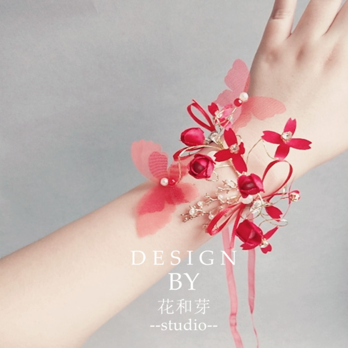 Original red flower bud Butterfly Handflowers Marriage Annual Meeting Activities Brides Chinese toast Children dance Wrist Flowers