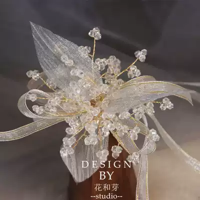 New original wrist flower heavy industry hipster Crystal branch White green yarn leaf hand flower bride bridesmaid bracelet