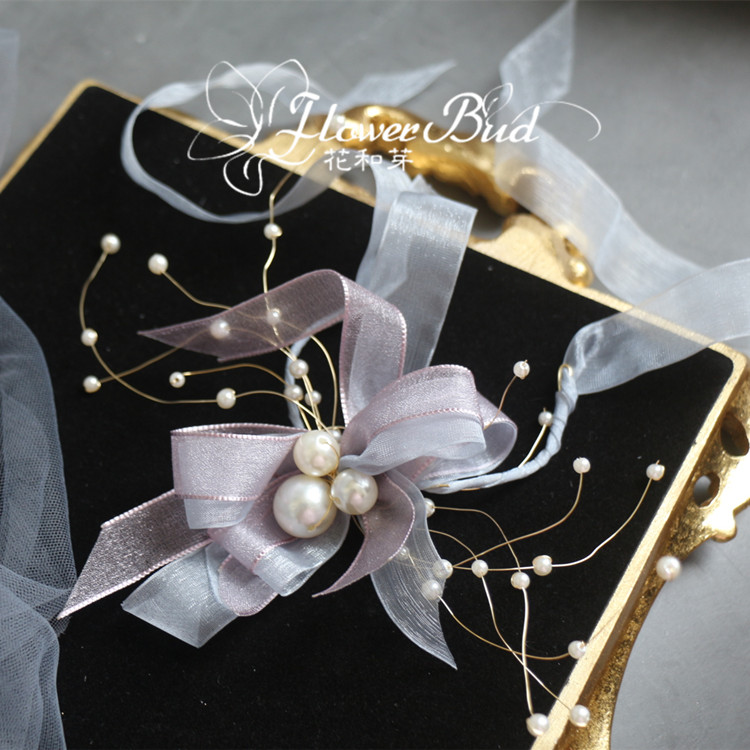 ins beautiful pearl tassel smoky purple blue bow ribbon wrist flower bride bridesmaid children show hand flower